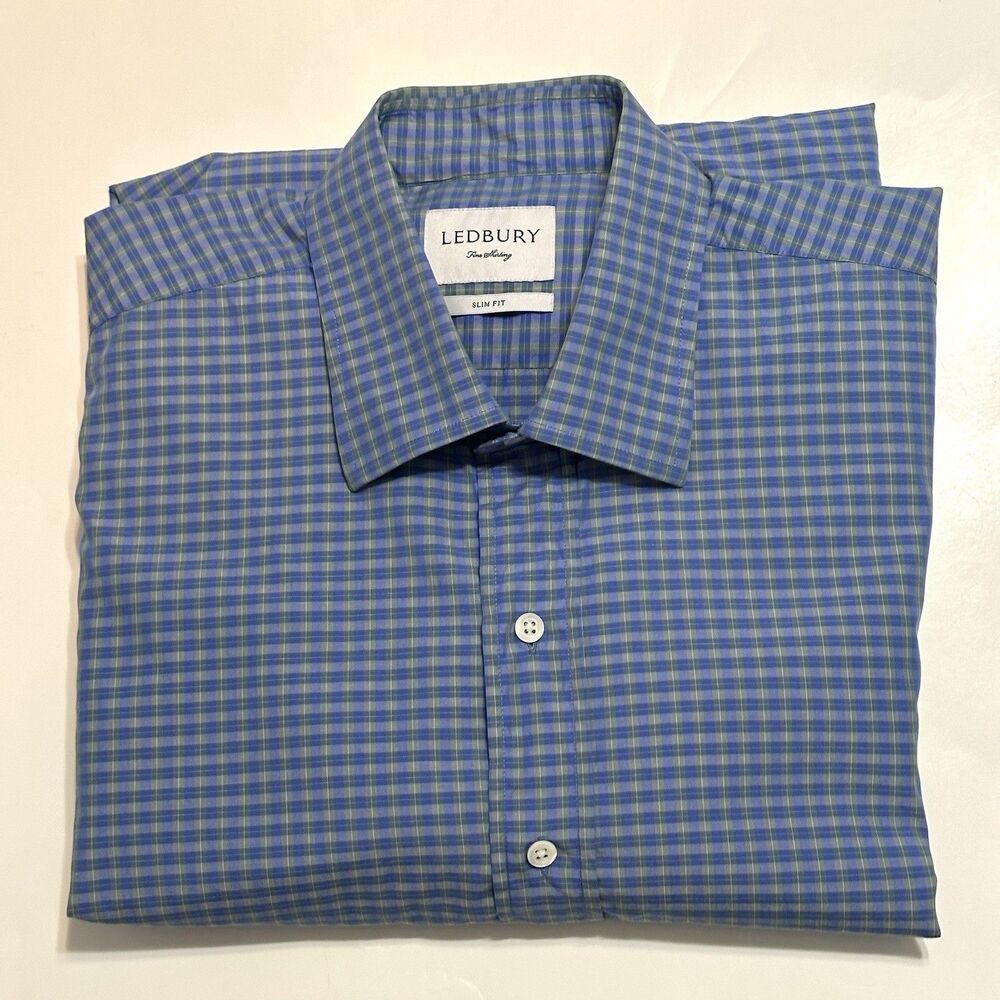 Ledbury Shirt Mens Size XL Blue Green Check 100% Cotton Casual Button Up Slim - Picture 8 of 9